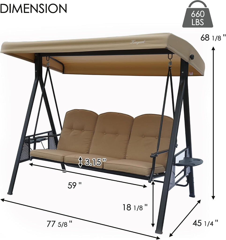 Herbert Deluxe 3-Seat Patio Porch Swing Chair with Stand | Adjustable Canopy, Outdoor Freestanding Swing Chair for