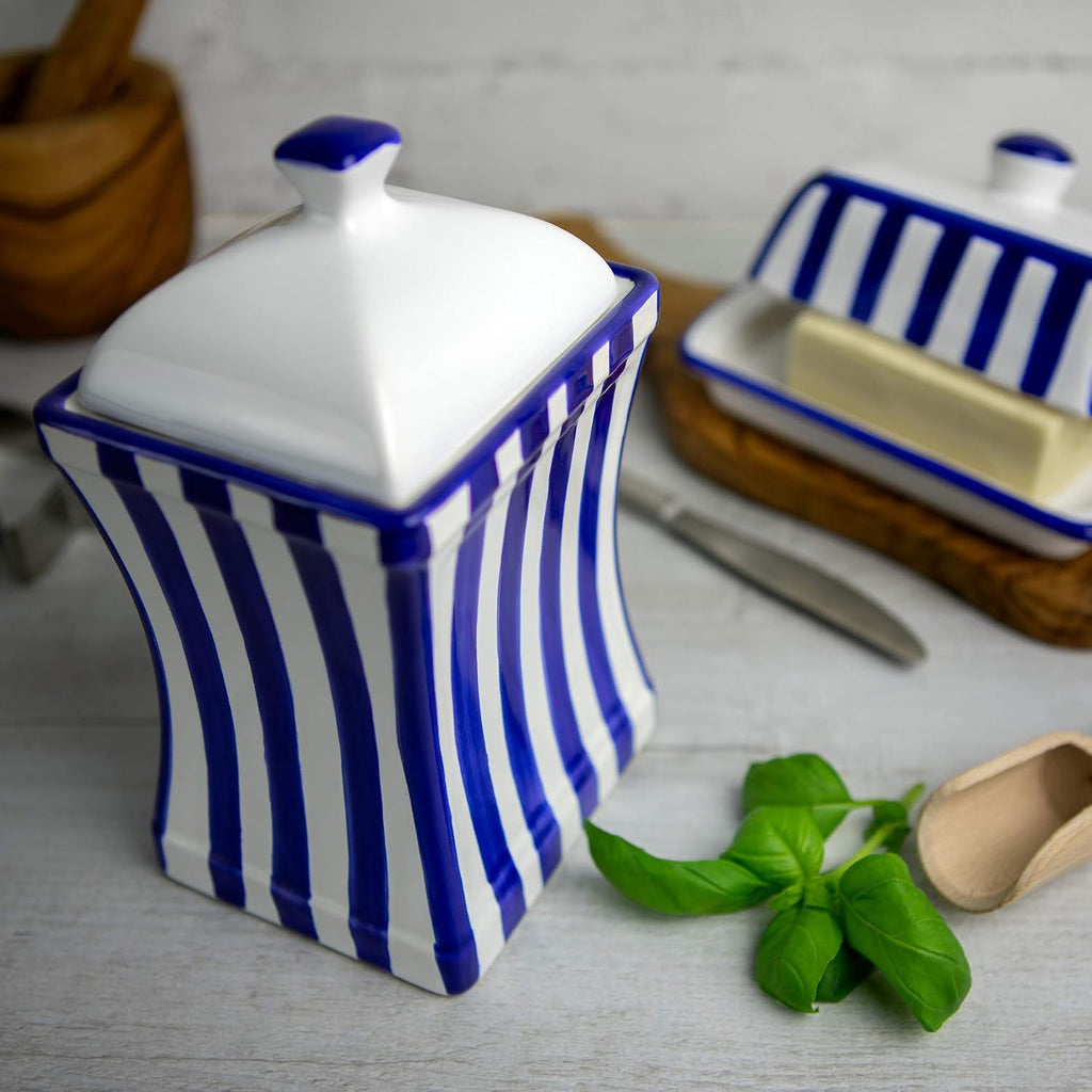 Handmade Dark Navy Blue Stripe Large Ceramic 31.5oz/900ml Kitchen Storage Jar with Lid | Pottery Canister, Cookie