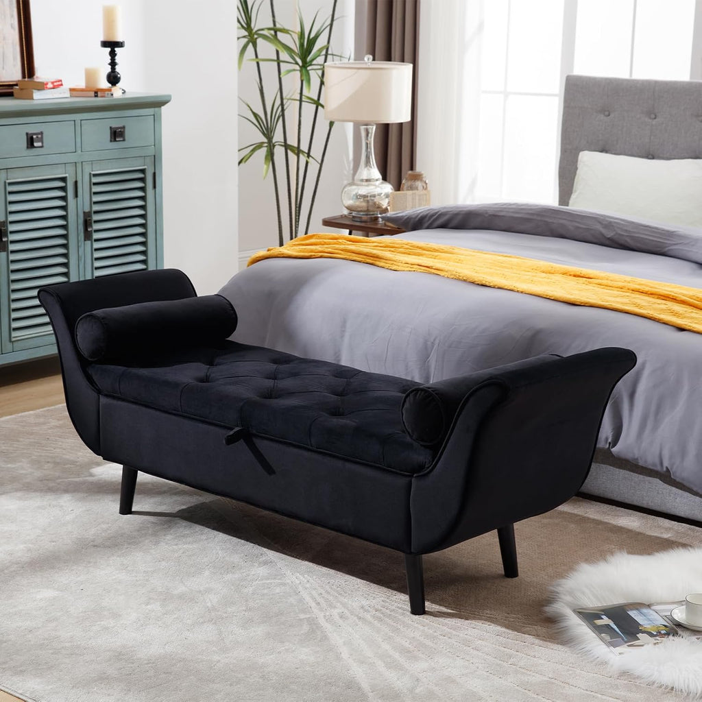 65" Black Velvet Storage Bench End of Bed Couch, King Size Tufted Upholstered Ottoman Benches with Rolled Arms and