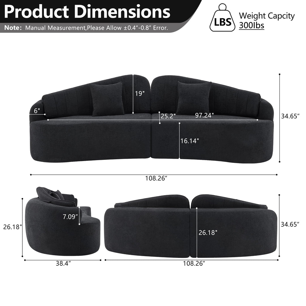 108"Curved Sectional Sofa, Deep Seat Black Couch with 2 High Back