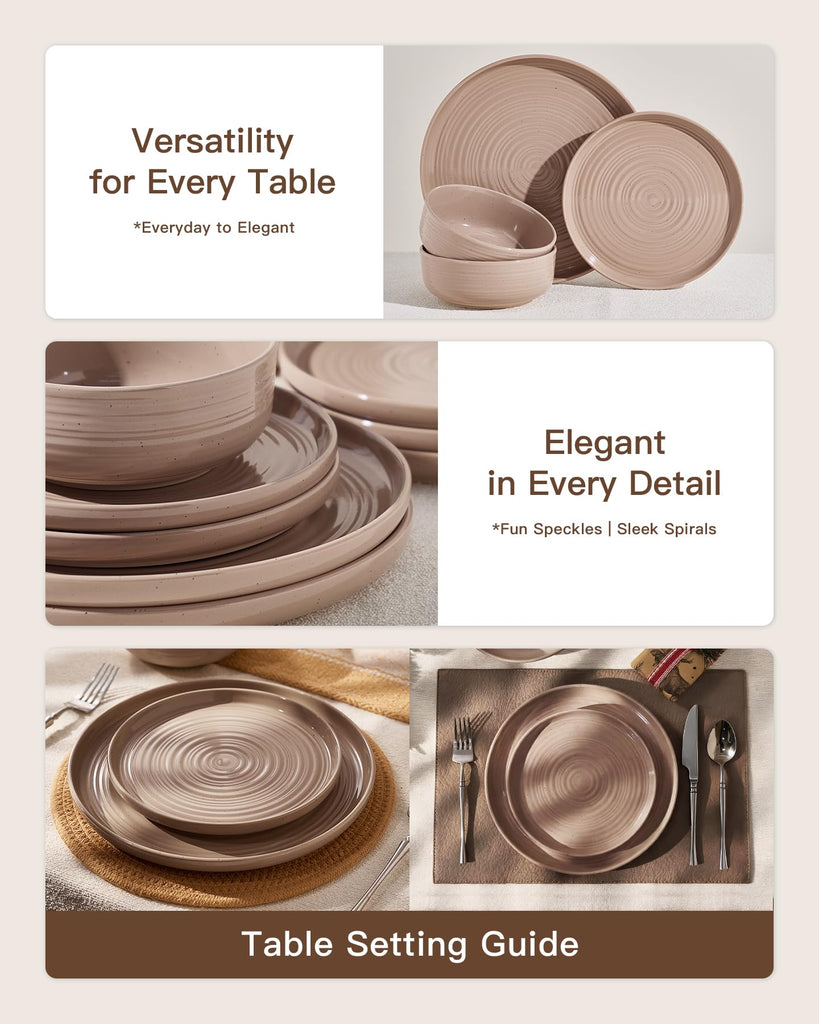 Stoneware Dinnerware Sets for 4, Plates and Bowls, Brown