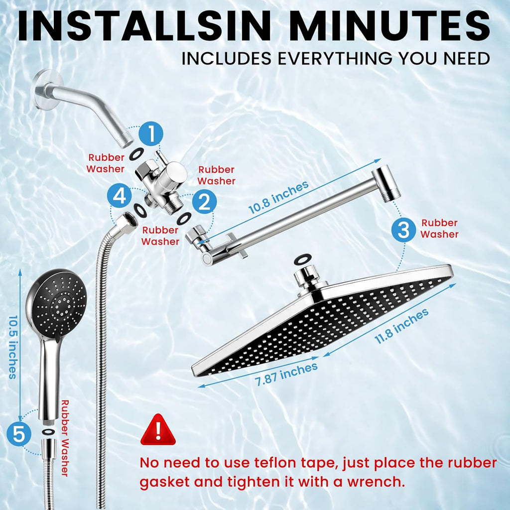 Rain Shower Head with Handheld, 11.8 Inch High Pressure Handheld Shower with Multi Spray Modes