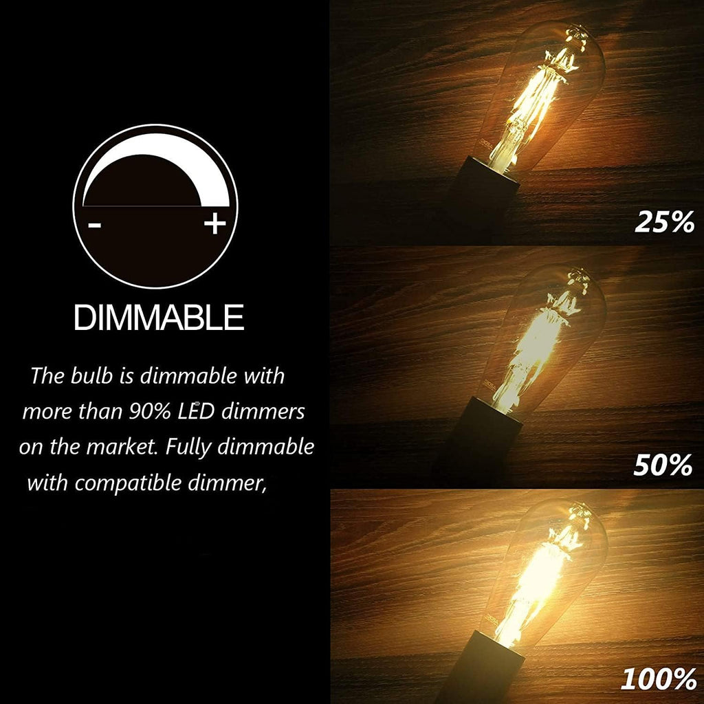 LED Dimmable Edison Light Bulbs 4W, 2200K-2400K Warm White (Amber Glass) ST64, E26 Base