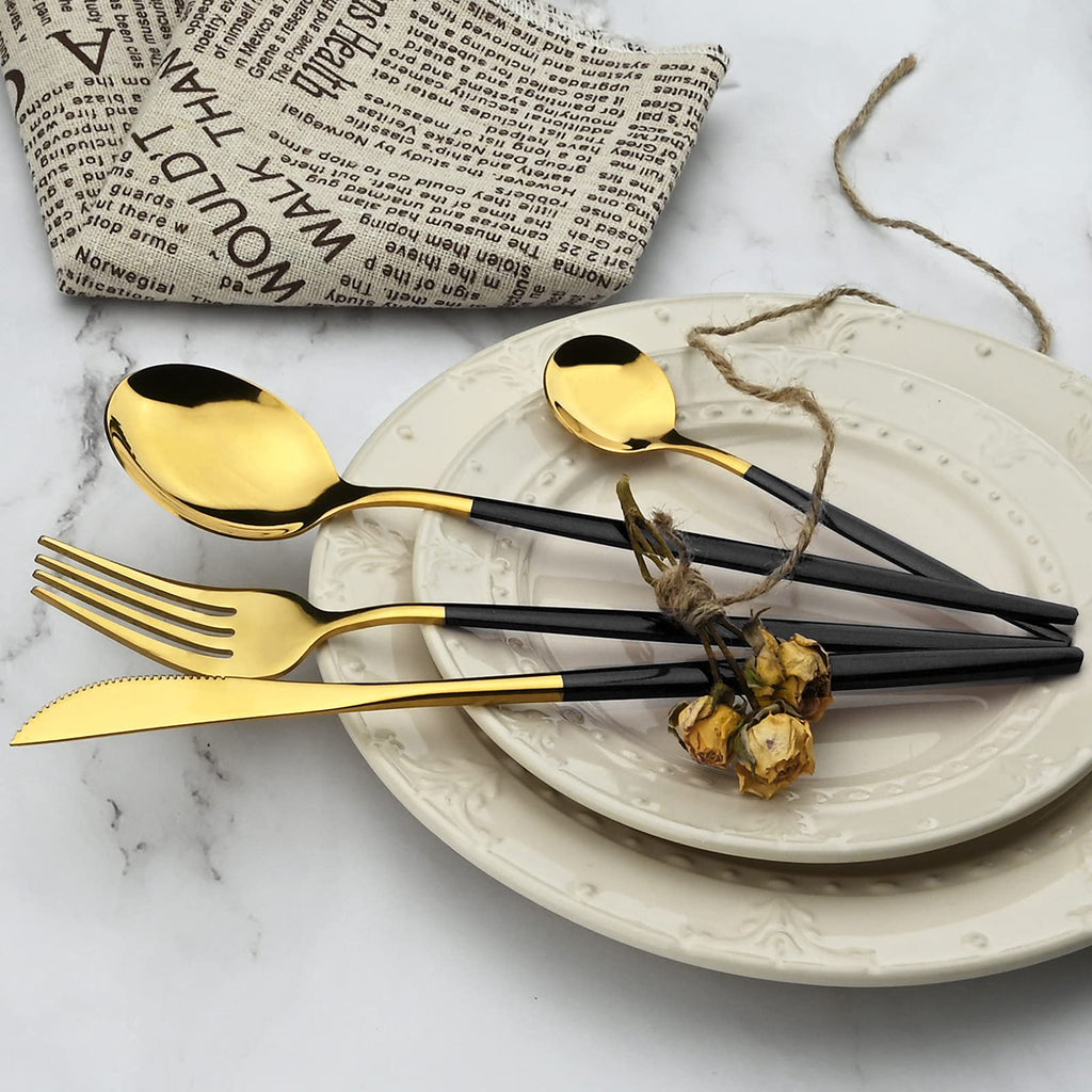 36-Pieces Silverware Mirror Polished Dinnerware Gold Flatware With Black Handle, 18/0 Stainless Steel Cutlery Set