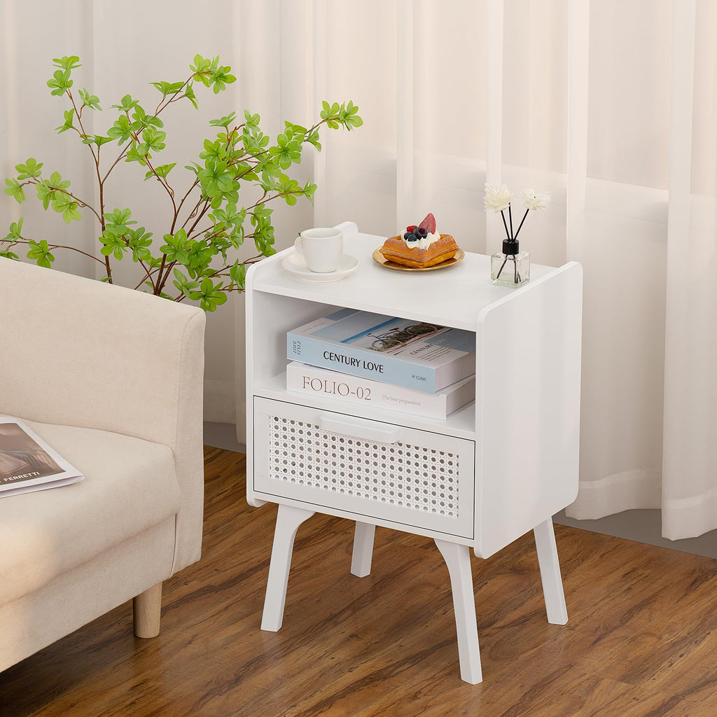 Rattan Nightstands Set of 2, Side Table with Drawer Open Shelf