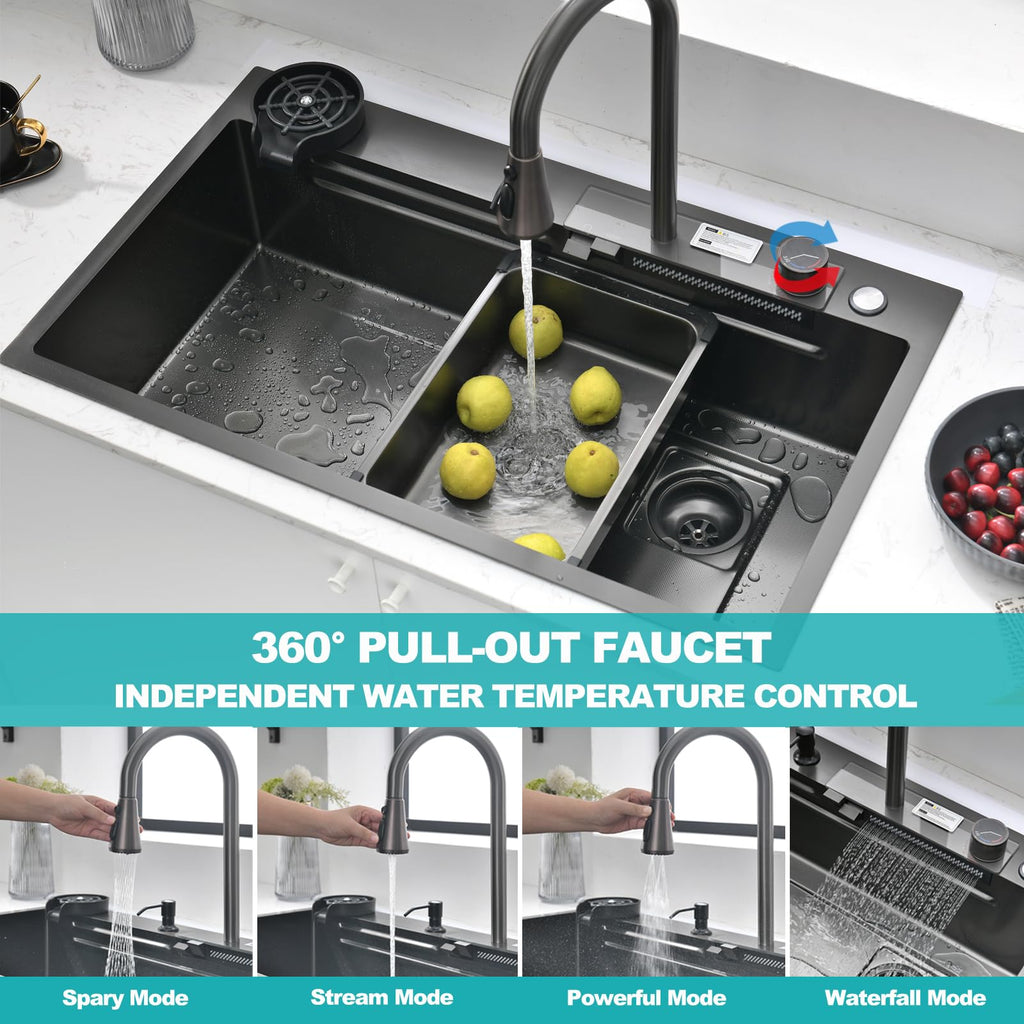 Waterfall 30 Inch Drop-in Single Bowl Stainless Steel Multifunctional with 2-in-1 Faucet and Accessories (30"x18")
