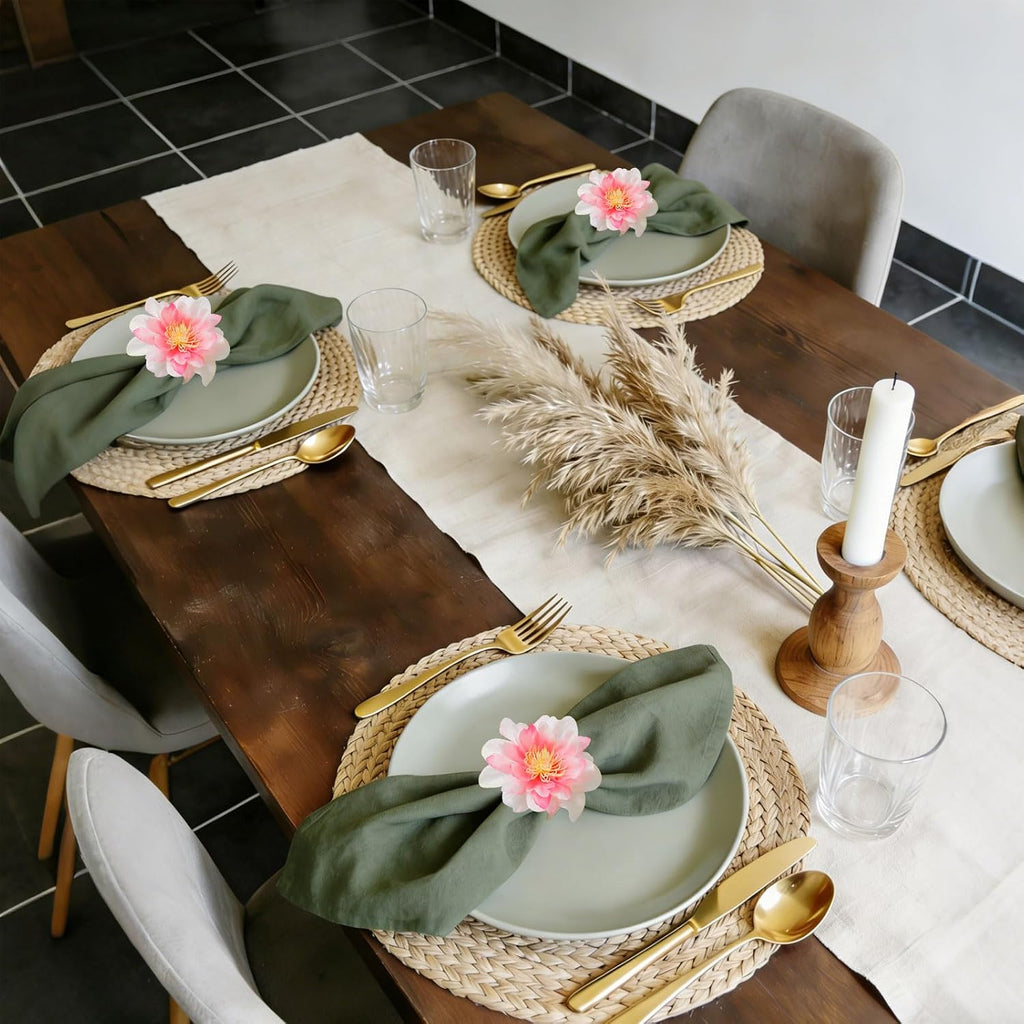 Pink Dahlia Flower Napkin Rings, Handmade Floral Napkin Rings with Jute Buckles Dinner Napkin Holder - Set of 8