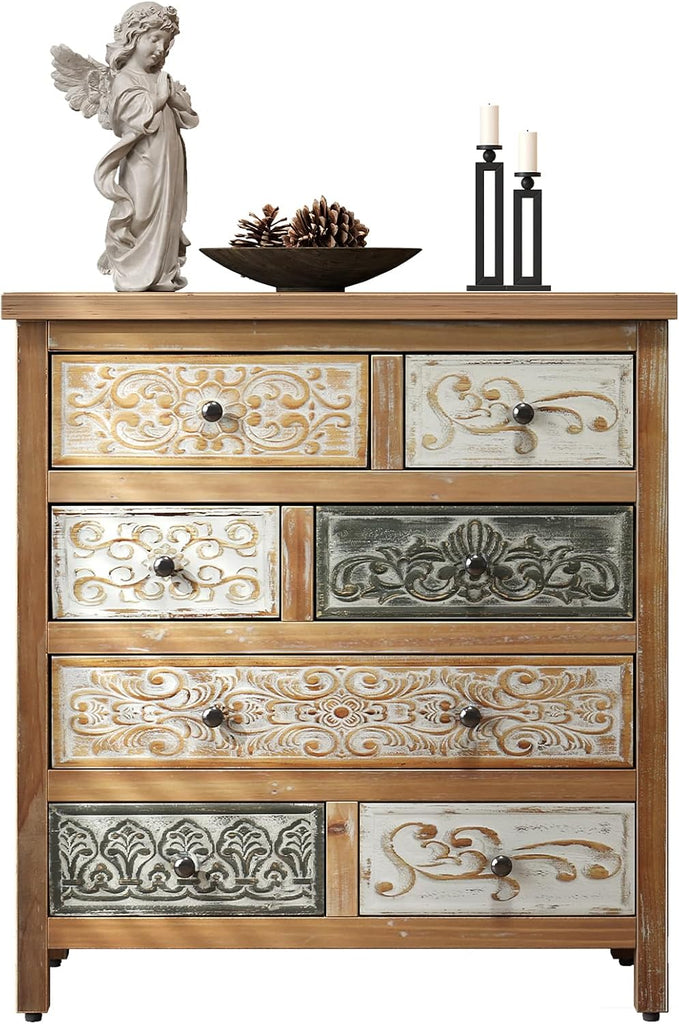 26" Vintage Freestanding Storage Chest, Accent Cabinets with Carved Details, Utility Organizer with Multi Drawers