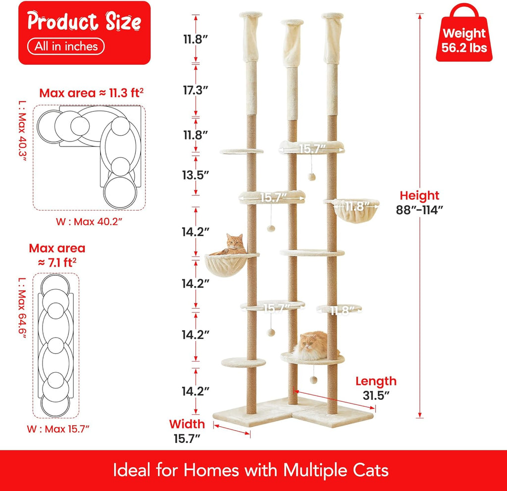 Floor to Ceiling Cat Tree, Tall Cat Tower Adjustable Height (88"-114"=223-290CM), 6-Tier Cat Climbing Tower with 18