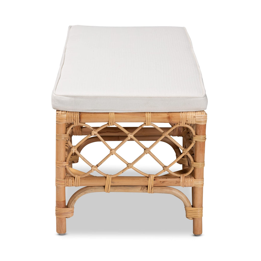 Orchard Natural Rattan Bench with White Cushion - 48" Boho Wicker Ottoman, Handwoven Cane Entryway Seat, or Hallway