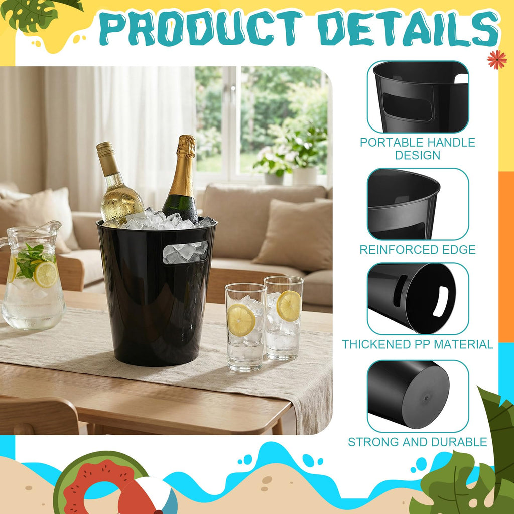 32 Pack Black Ice Buckets for Parties, 3l Plastic Beverage Bucket with Handle, Large Drink Tub Cooler for Champagne