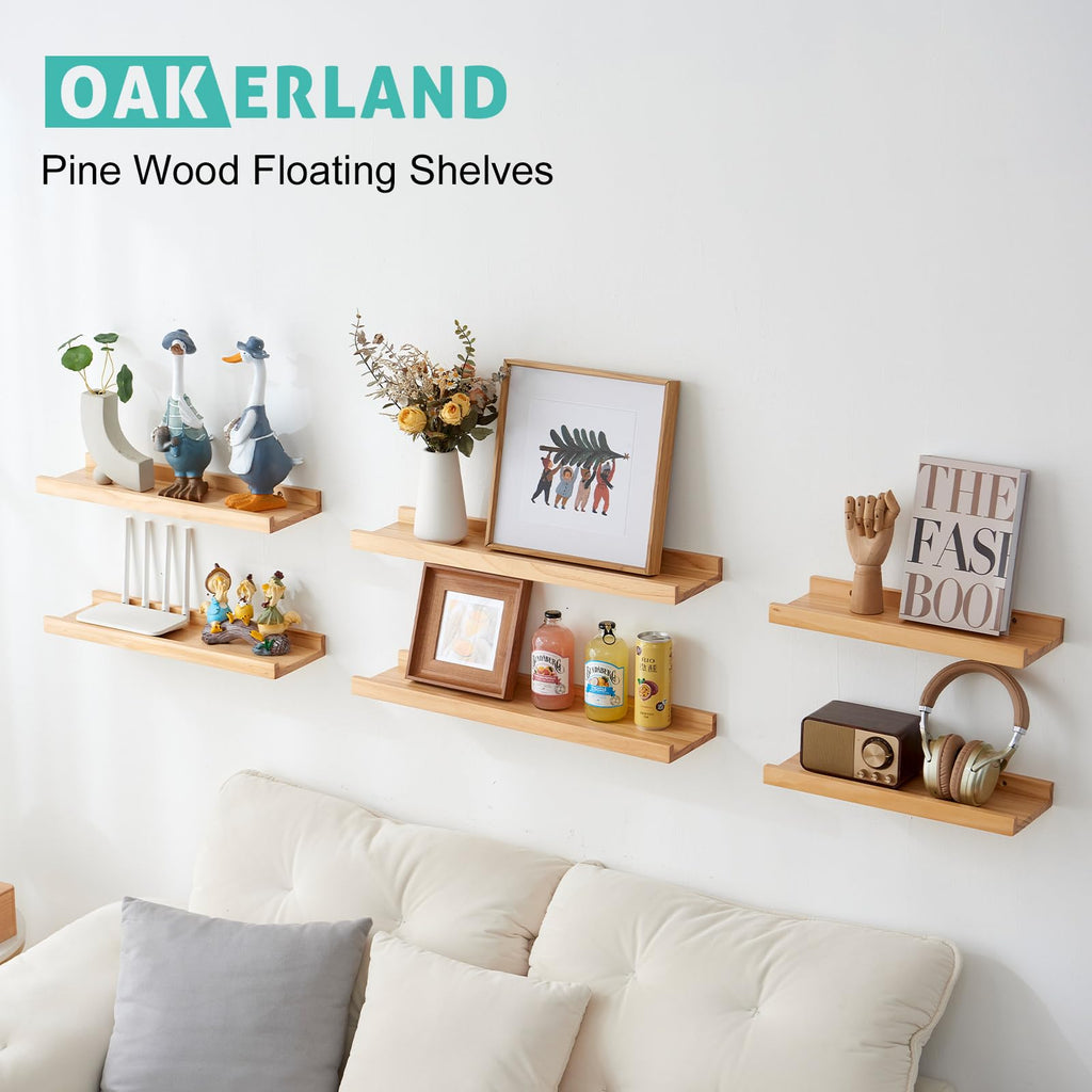 16 inch Floating Shelves for Wall Set of 2, Rustic Pine Wood Wall Shelves, Picture Ledge for Storage, Books, Room