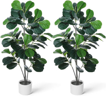 Artificial Fiddle Leaf Fig Tree 5ft Tall Artificial Plants Indoor Fake Ficus Lyrata with White Planter Faux - Set of 2