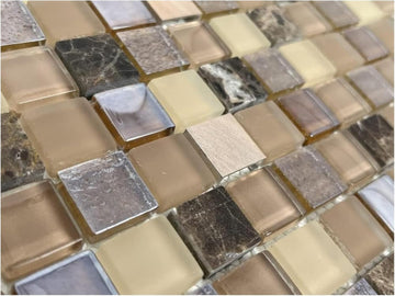 TDPW-BRW1X1-419 Mosaic Tile - 7/8" Brown Beige Silver Glass, Stone & Metal Squares Backsplash & Bathroom - Box of 5