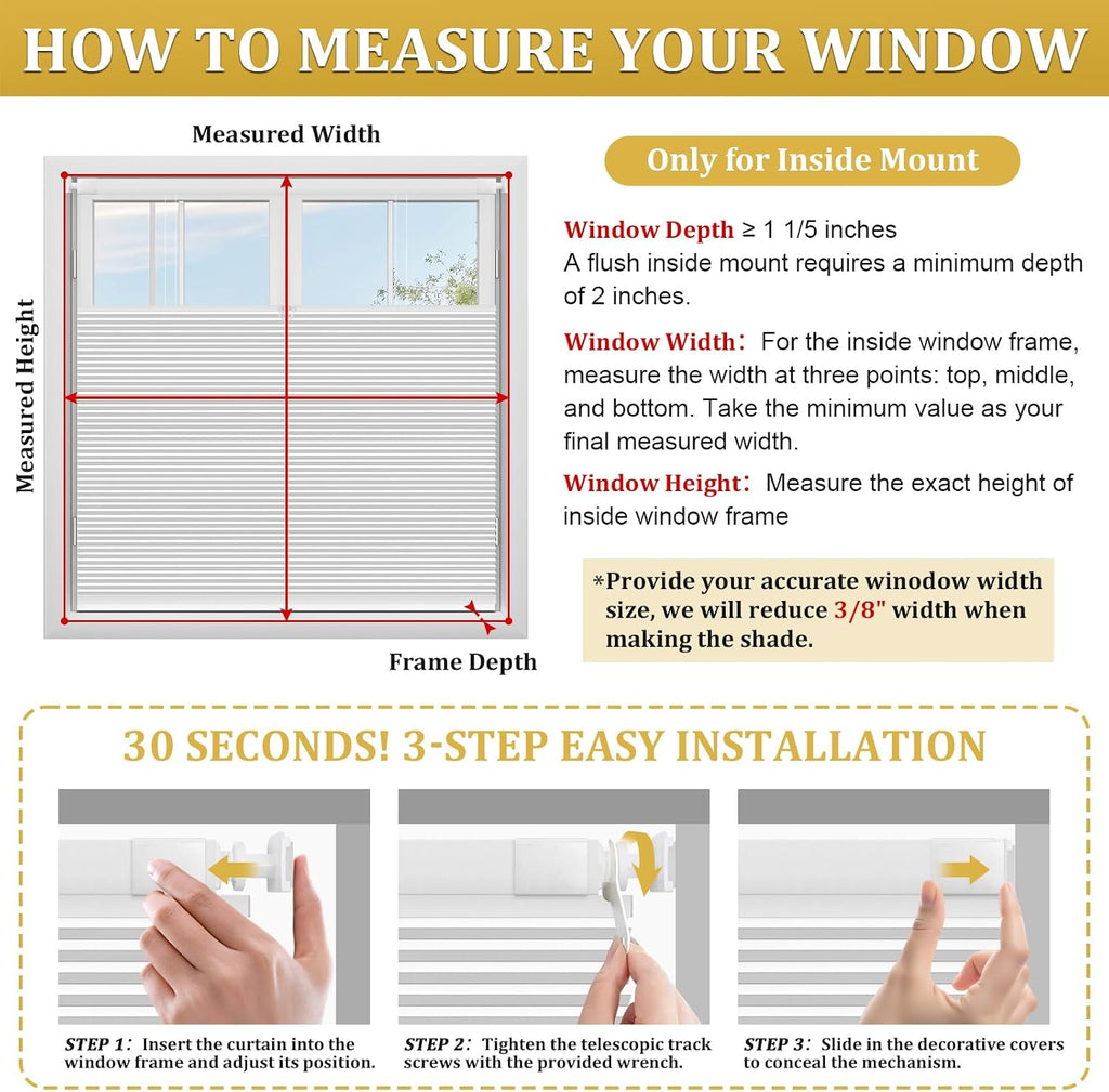 No Drill Top Down Bottom Up Cellular Shades, | White Cordless Blackout Honeycomb Blinds for Indoor Windows, Thermal