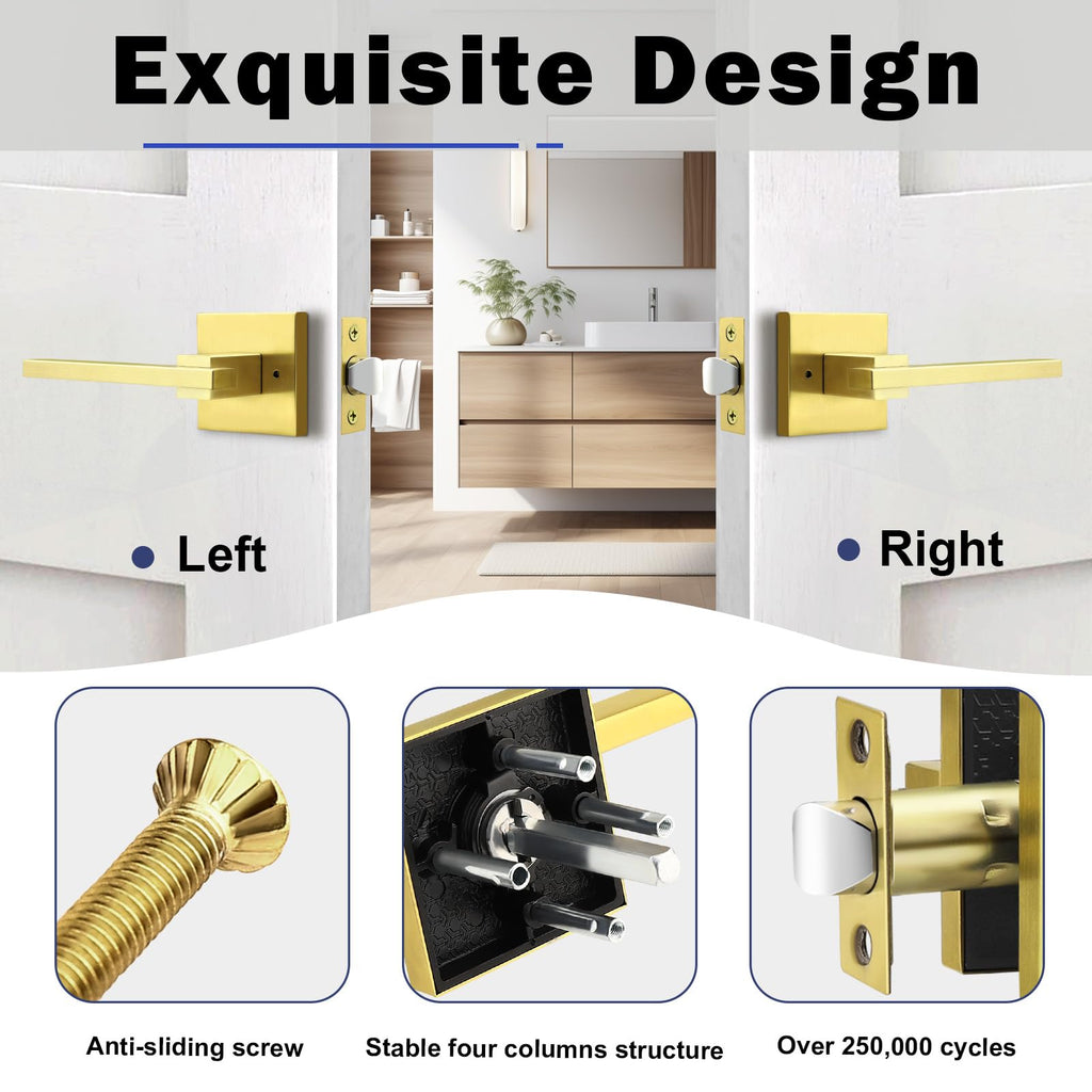 10 Pack Gold Privacy Door Handles Square Keyless Door Lever, Interior Door Handle , Modern Door Handle Sets Stainless