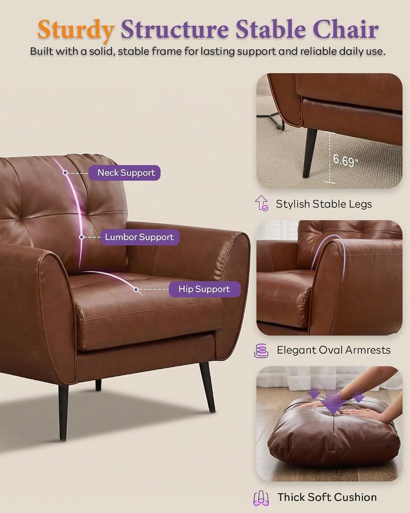 Brown Leather Accent Chairs, Tufted Reading Chairs - Set of 2