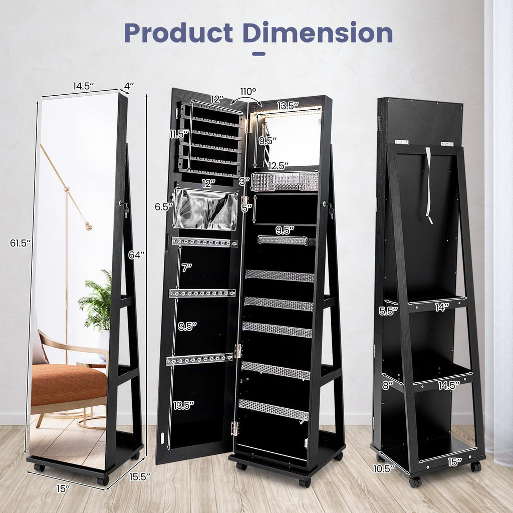 360° Rotating Jewelry Organizer, Lockable Jewelry Armoire (Black)