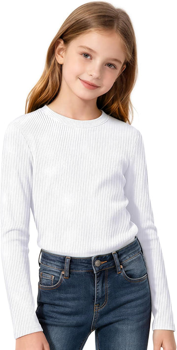 Girls Long Sleeve Shirts Slim Fit Ribbed Knit Shirts for Girls Tops