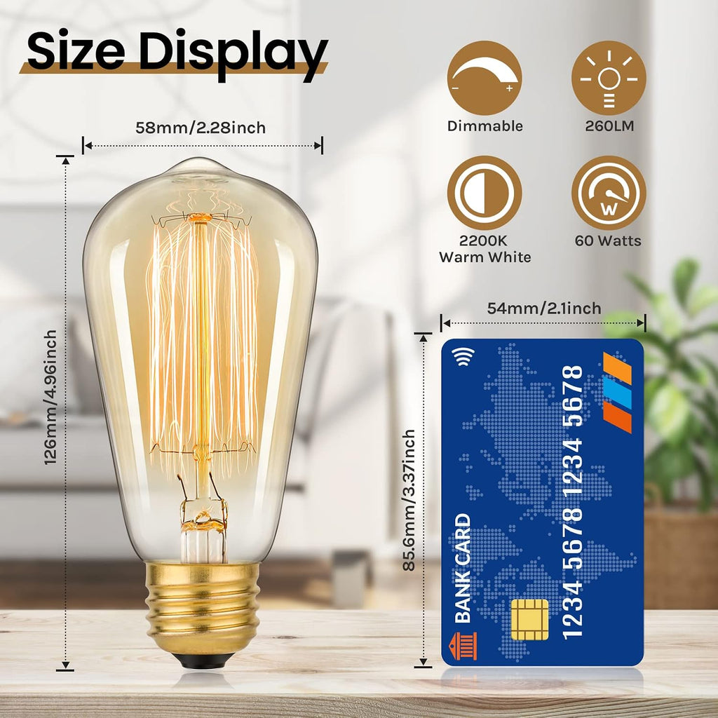60 Watt Incandescent Edison Light Bulbs, Vintage Dimmable E26 Bulbs, ST58 2200K Warm White Antique 260LM E26 Medium