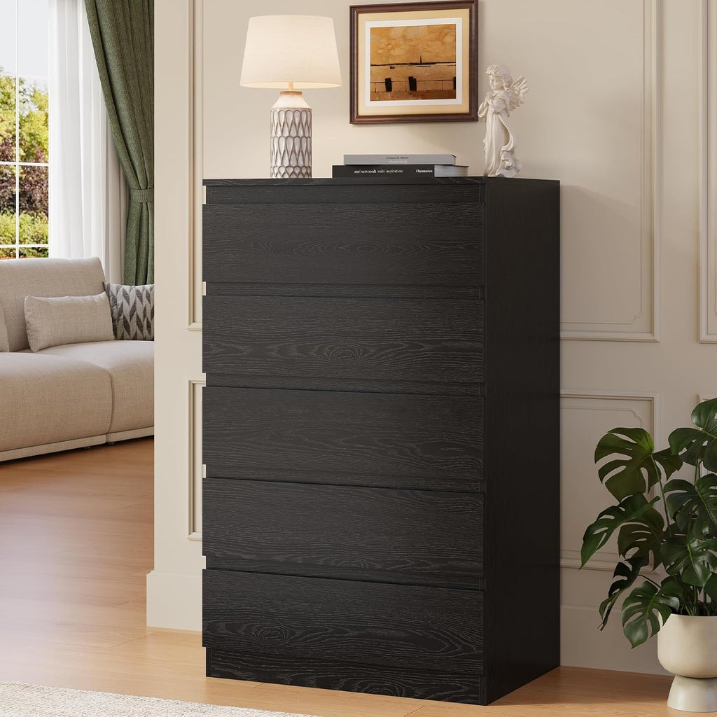 Black Wood Dresser , 5 Drawer for Clothes Storage | Handle-Free, Tall Wooden Chest Drawers , Night Stand