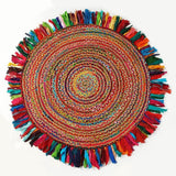 Jute Area Rug 6ft-Natural Fiber Round Cotton Fringes Handmade Boho Multicolour Soft Braided Rustic V
