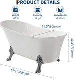 Freestanding Clawfoot Bathtub 67 Inch Acrylic Slipper Soaking Tub with Chrome Feet & Pop-Up Drain, Elegant Stand