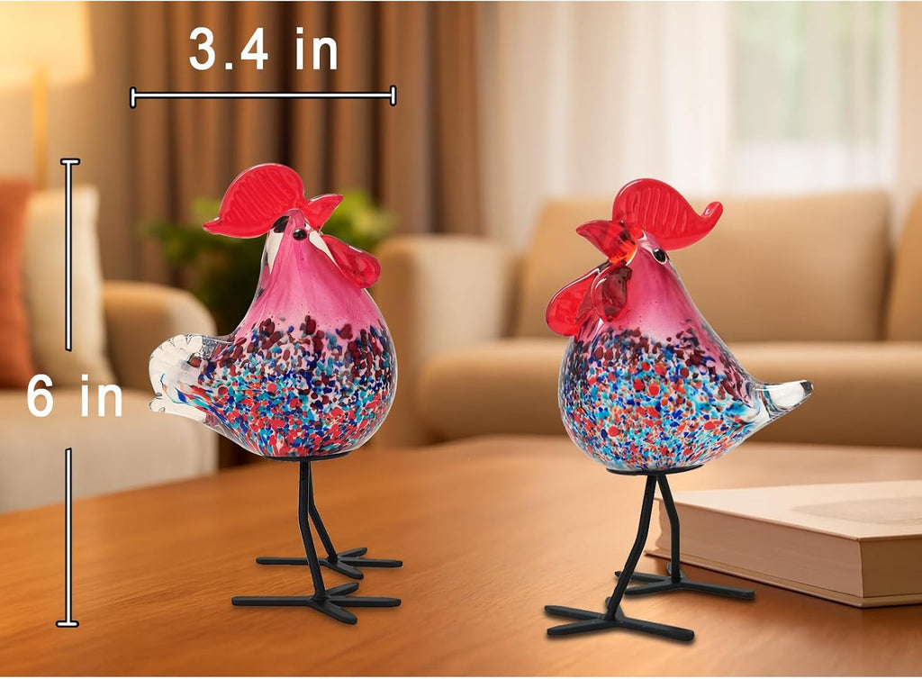 Chicken Lovers Gift:Hand Blown Glass Chicken Figurine, Murano Style Glass Rooster Decor for Farmhouse Kitchen
