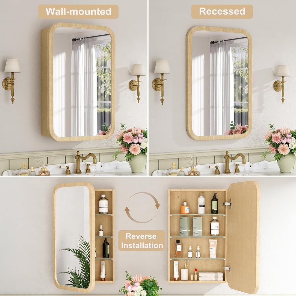 20x28 Inch Wood Medicine Cabinet with Mirror , Oak | Fully Assembled, Surface or Recessed Mount Mirror Cabinet