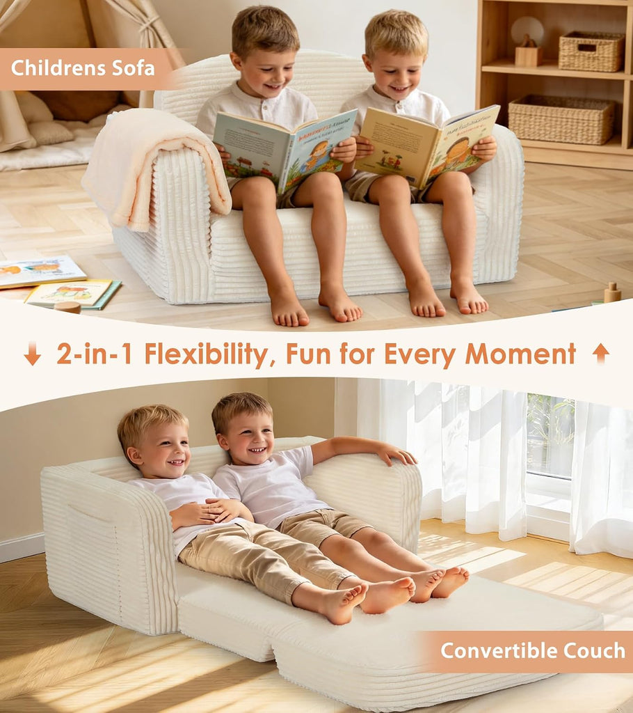 Extra Wide in-1 Convertible Kids Couch | Large Corduroy Toddler Sofa Chair with Storage Pocket & Blanket | Foldable