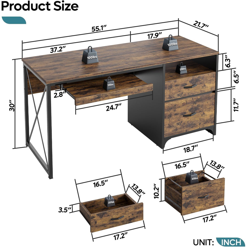 Office Desk with Drawers, 55 inch Industrial Computer Desk with Storage, Wood Teacher Desk with Keyboard Tray & File