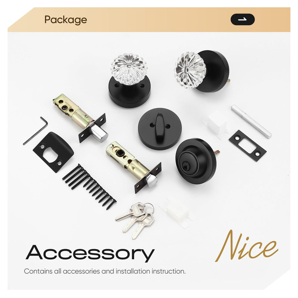 Crystal Glass Passage Door Knob and Single Cylinder Deadbolt Combo Set