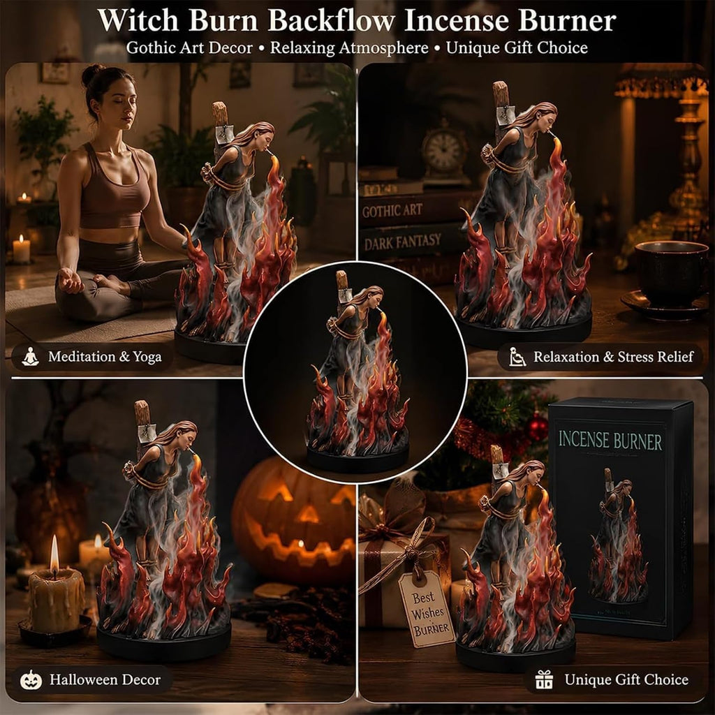 Witch Burn Sculpture Backflow Incense Burner, Gothic Witch Incense Holder with Waterfall Smoke Effect, Resin Dark
