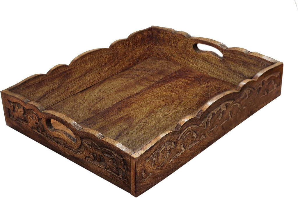 Hand Carved Wooden Serving Tray - Decorative Breakfast Tray with Handles - Rustic Wooden Food Tray with Intricate