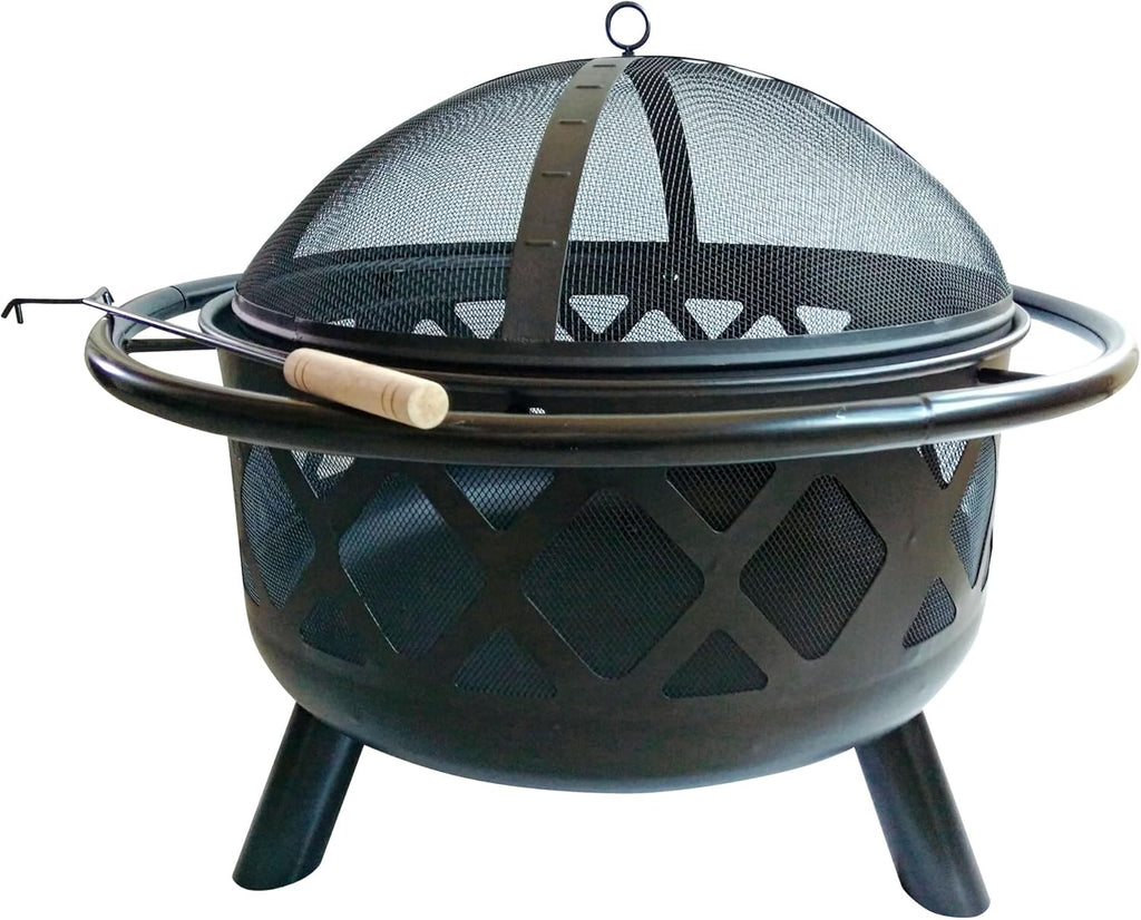 Round Steel Outdoor Fire Pit Outside Wood Burning Firepit Bonfire with Firebowl, Poker, Mesh Screen