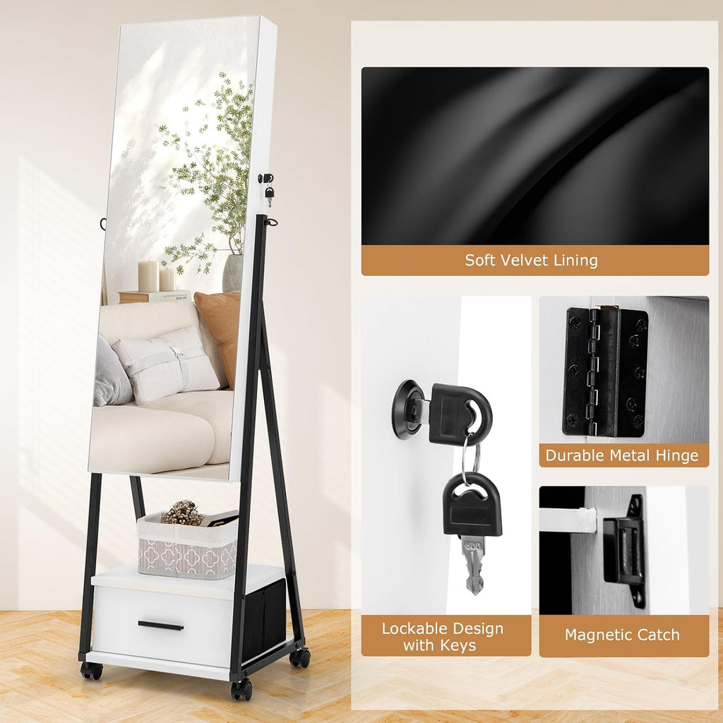 Rolling Jewelry Armoire Cabinet, Full Length Mirror with Storage, Floor Standing Lockable Jewelry Cabinet