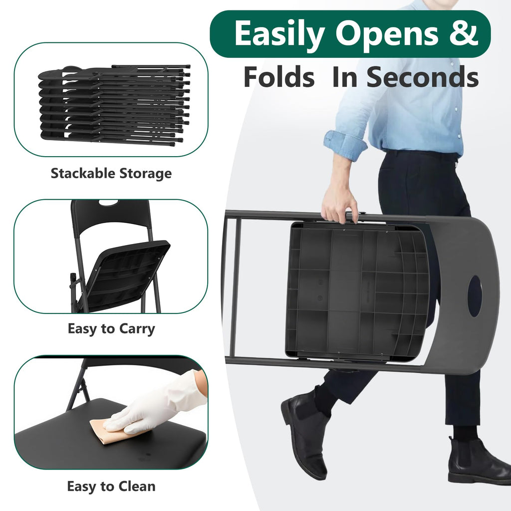 2 Pack Black Folding Chair, Plastic Portable Stackable Commercial Seats with Steel Frame 350lb, Heavy Duty Foldable