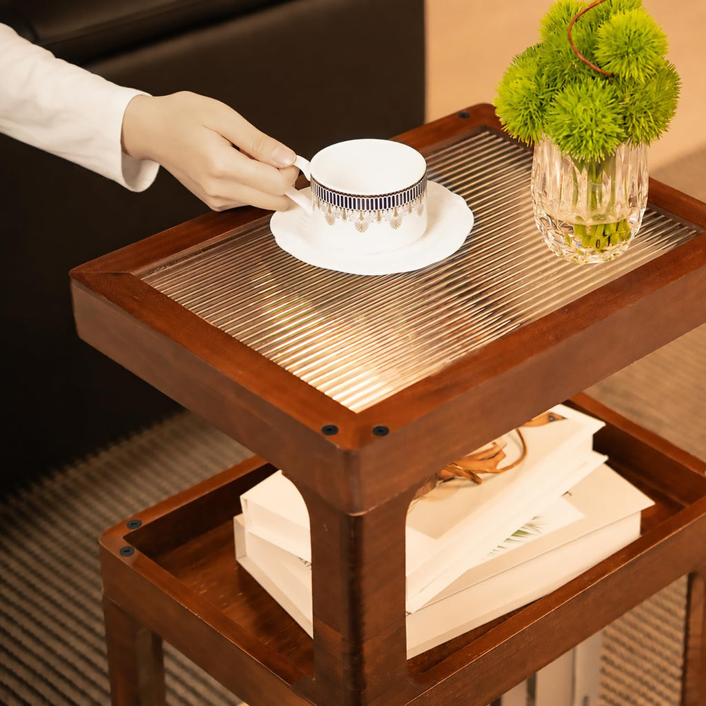 Solid Wood Side Table, 3 Tier Small End Table, Brown Accent Table