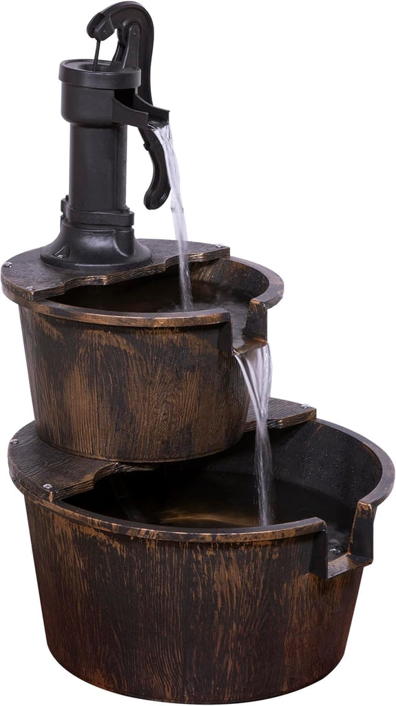 27" Tall Rustic Outdoor 2-Tier Barrel Pump Water Fountain with Soothing Cascading Water Flow, Landscape, Bronze
