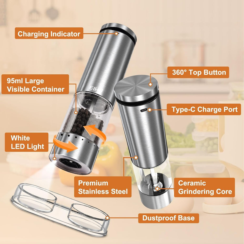 Electric Salt and Pepper Grinder Set Rechargeable, Automatic Salt and Pepper Shakers Mills External Adjustable - Set of 2