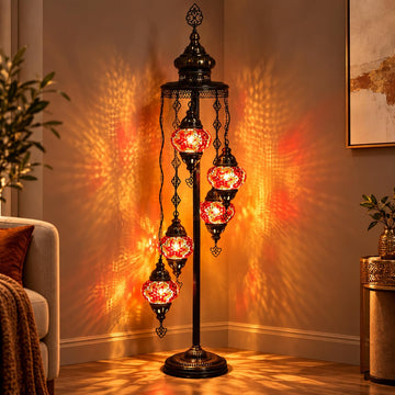 Turkish Mosaic Floor Lamp, 5 Globe Boho Lighting, Red