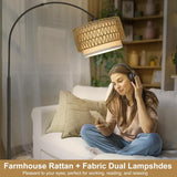 Rattan Floor Lamp, Arc Floor Lamps, Farmhouse Standing Lamp with Adjustable Hanging Fabric Shade