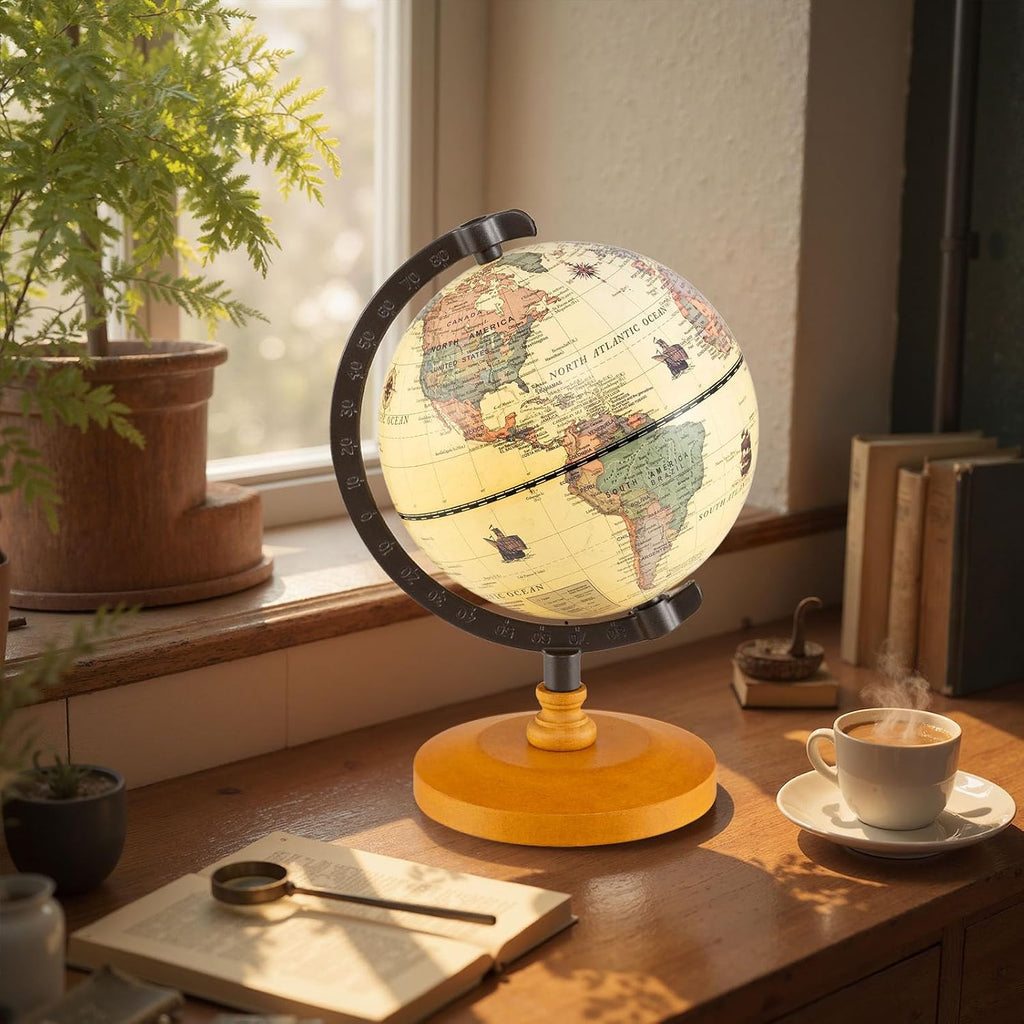6" World Globe, Mini Antique Globe with Metal Stand, Non-slip Wooden Base & Geographic Markings, Decorative Desktop
