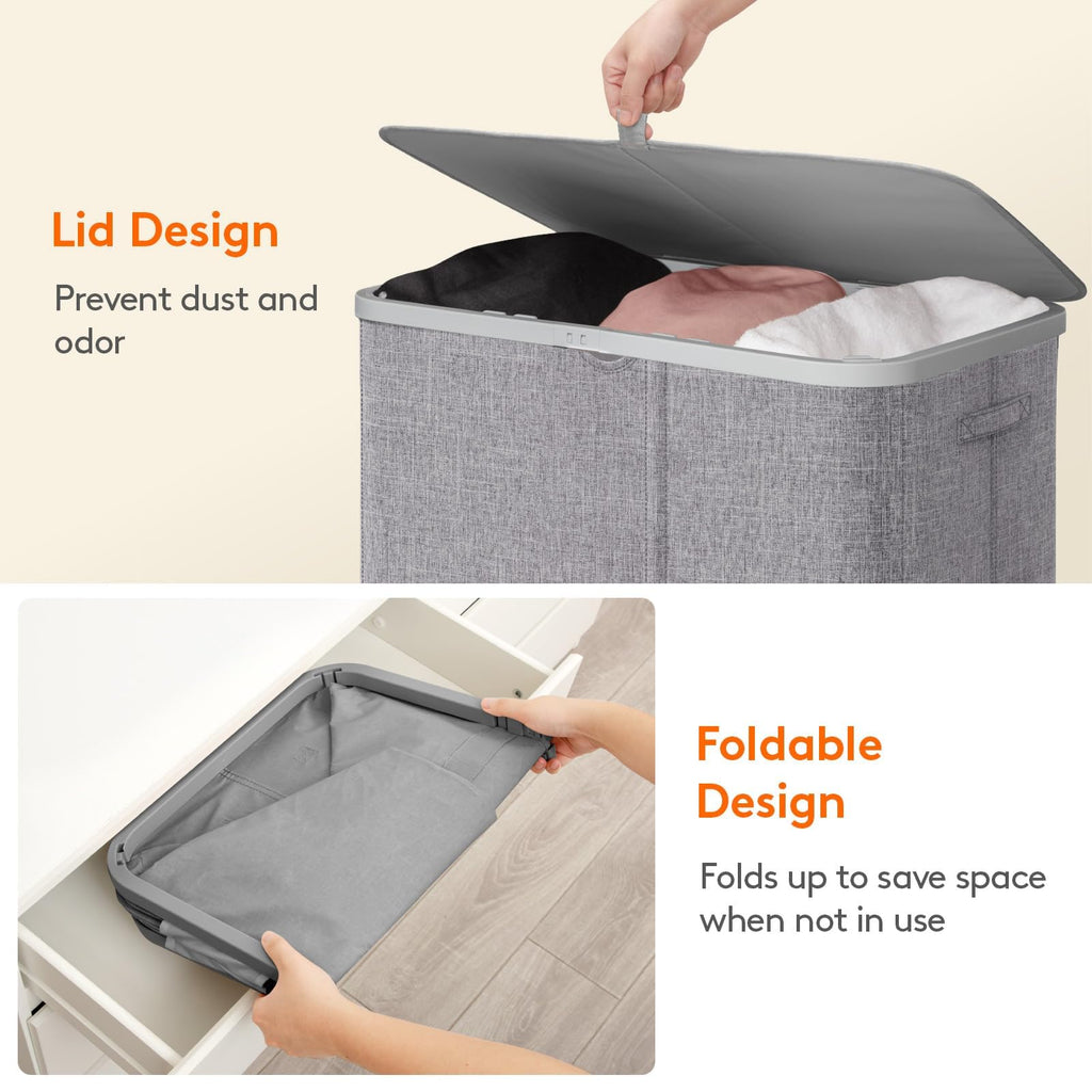 185L 3 Section Laundry Hamper with Lid, Laundry Basket, Light Gray