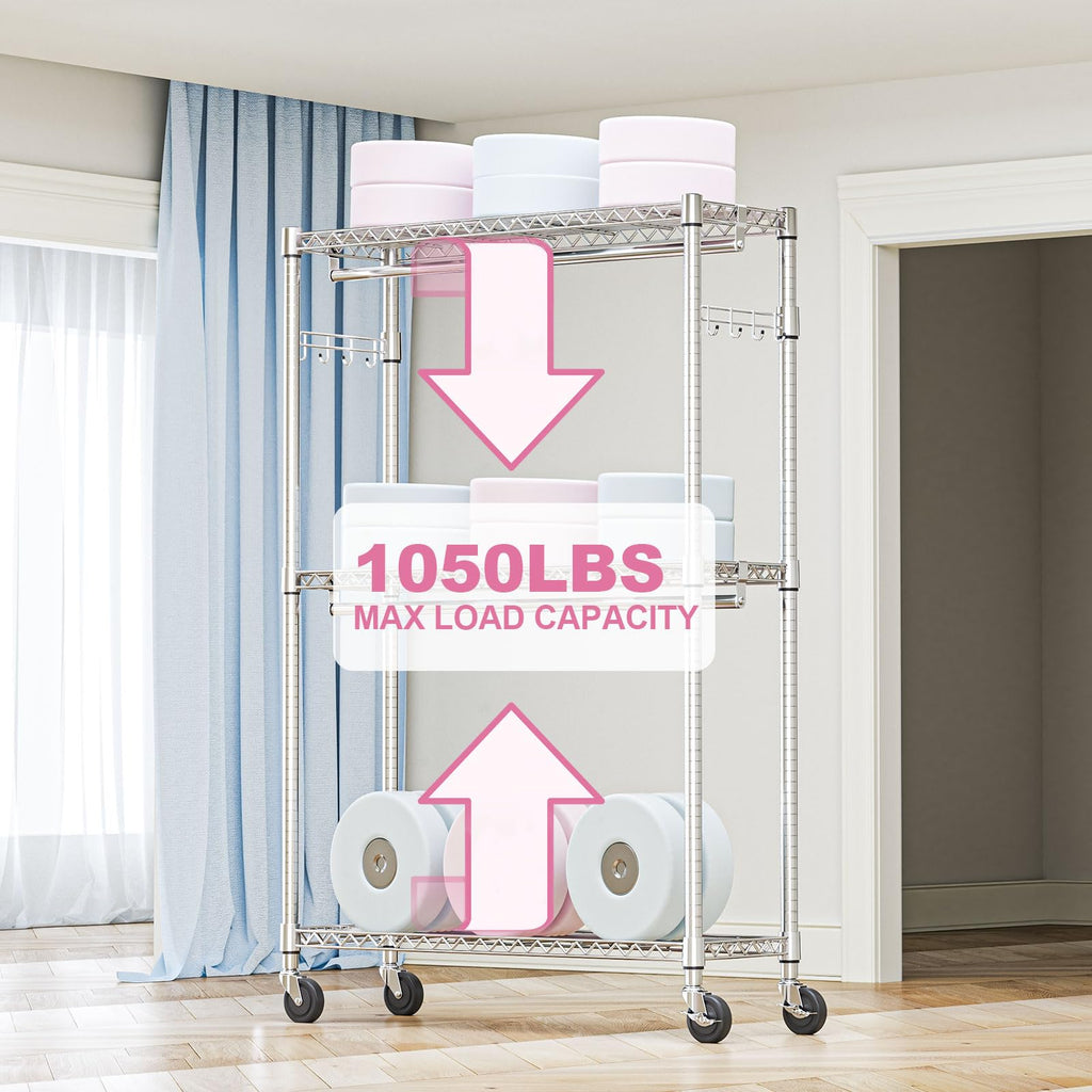 Heavy Duty Rolling Garment Rack 3 Tiers Adjustable Wire Shelving Clothes Rack with 2 Rods and Side Hooks, Storage
