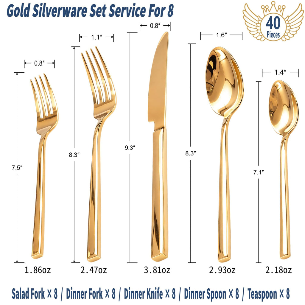 Gold Silverware Set for 8, 40-Piece 18/10 Stainless Steel Flatware