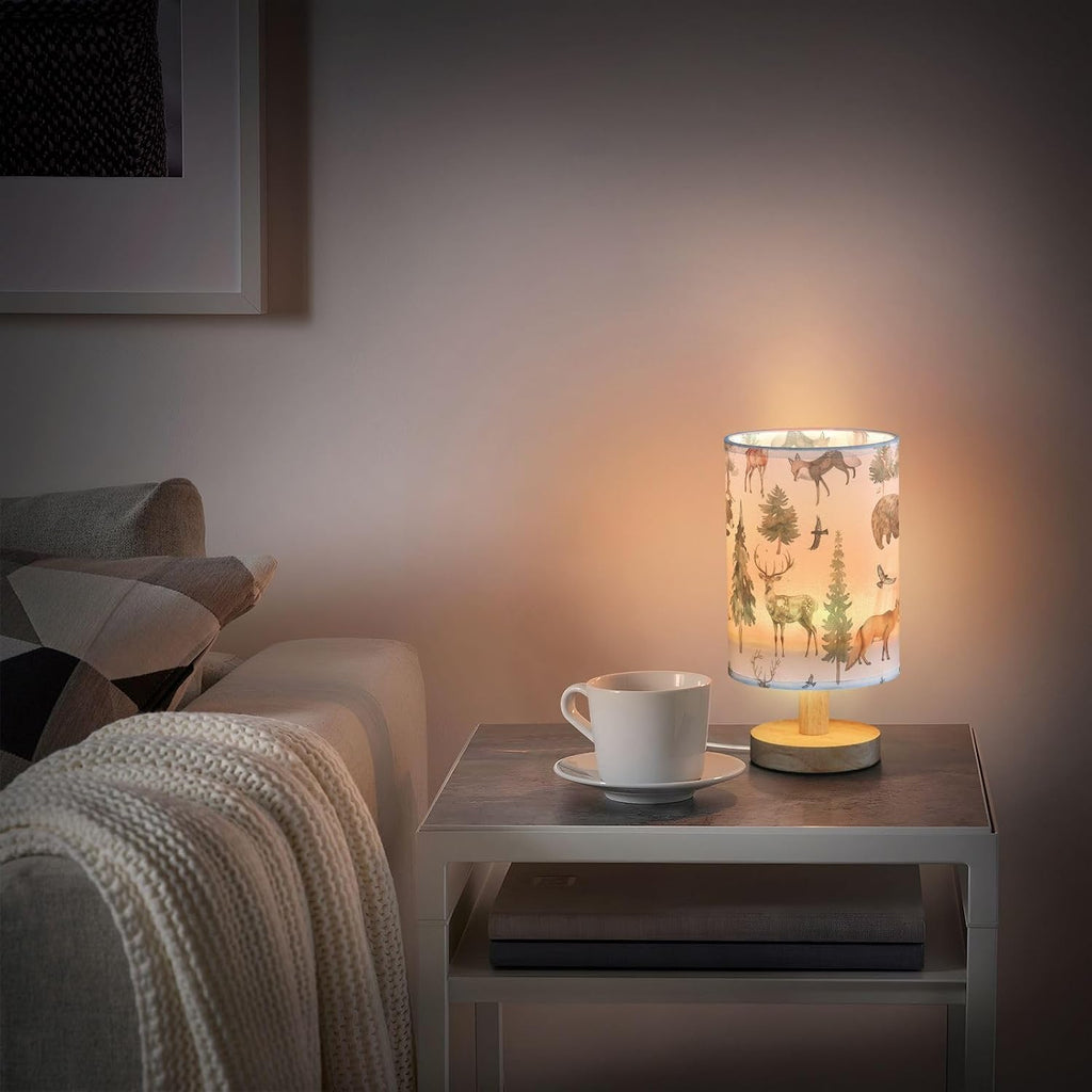 Table Lamp Watercolor Animal Forest Tree Deer Fox Bear Nightstand Lamp with Wood Base Fabric Lamp Shade Bedside Desk