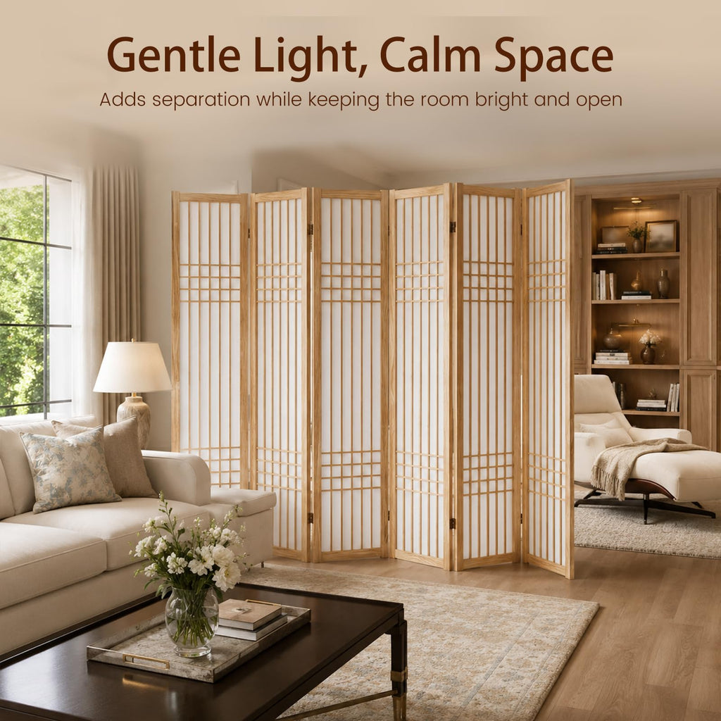6 Panel Room Divider Folding Privacy Screen Light Brown