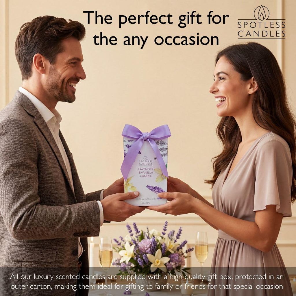 Vanilla & Lavender Candle 22oz Glass Jar with Wooden Wick in a Decorated Jar Within a Presentation Gift Box and