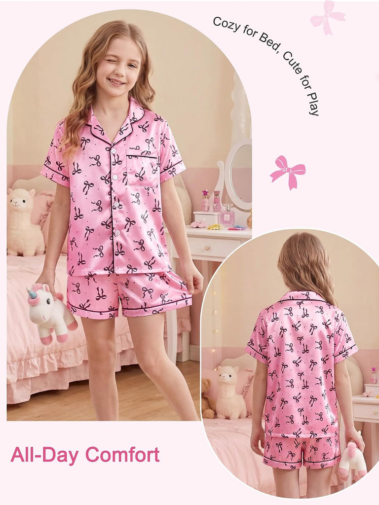 Girls Satin Pajamas Set, Silky Kids Sleepwear PJs for Teen